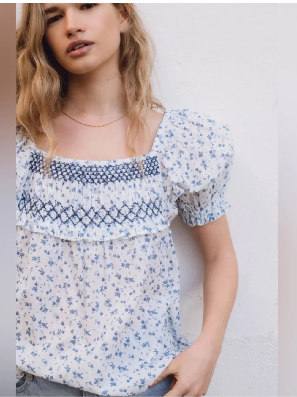 Sonmer Frida Blue Floral Smocked Square-Neck Puff Sleeve Blouse